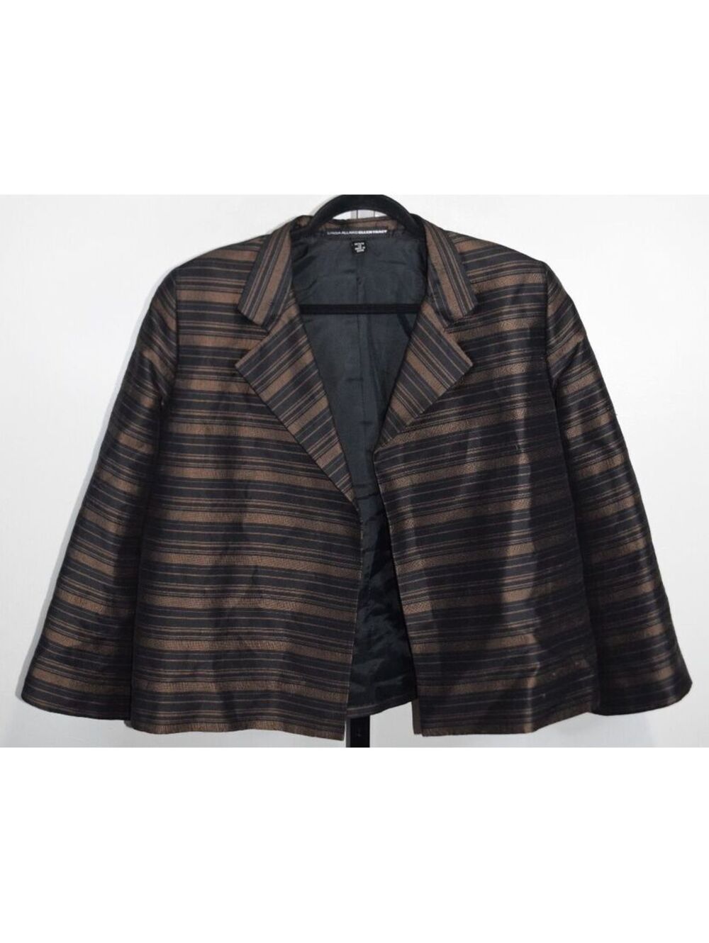 Linda Allard Ellen Tracy Cropped Open Front Blazer Bronze Black Striped 12P